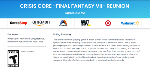 《最终幻想7：核心危机》通过ESRB评级 距上市更近一步