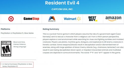 《生化危机4：重制版》通过ESRB评级 将包含游戏内购