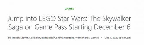 Xbox确认《乐高星球大战：天行者传奇》将加入XGP