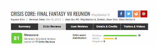 《最终幻想7核心危机Re》M站81分：重制游戏的范例