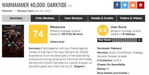 《战锤40K：暗潮》评分解禁 M站媒体平均分74分